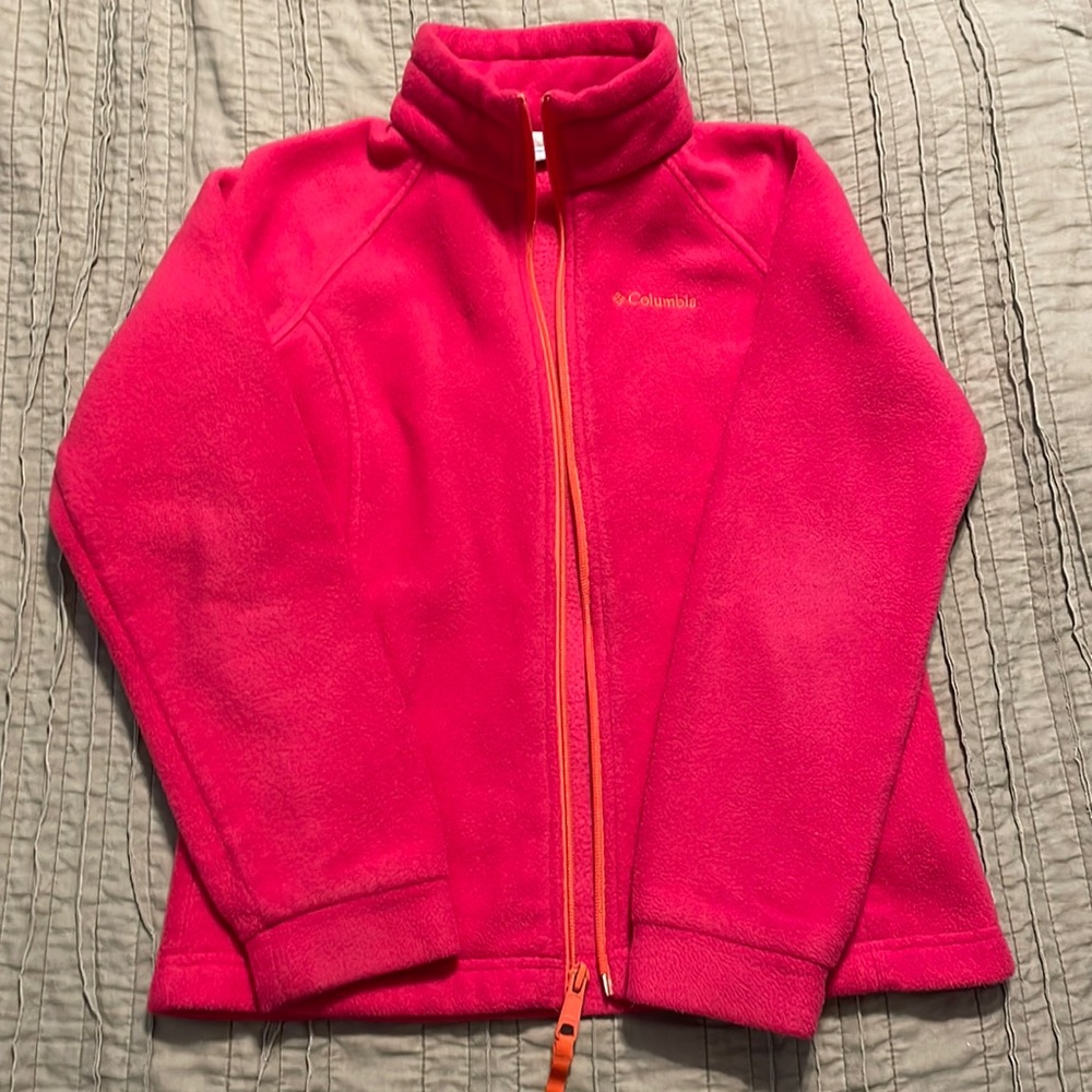 Columbia girls hot pink jacket with orange zipper size m 10/12 good condition